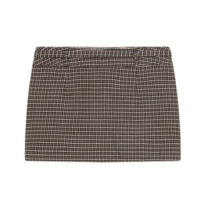 British style retro plaid mini skirt with A-line design in brown and black wool fabric