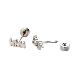 Polished silver stainless steel stud earring featuring a unique him letter design