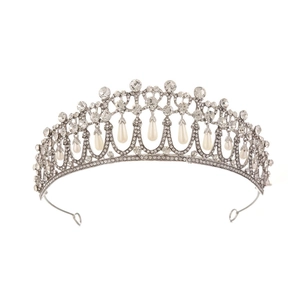 Elegante tiara da sposa in argento con cristalli e perle bianche appese per matrimoni