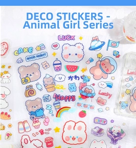 Close-up of cute cartoon PET stickers featuring bears and bunnies on a water bottle