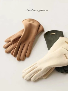 Three pairs of soft suedette gloves in camel, beige, and dark green with metal cuff details