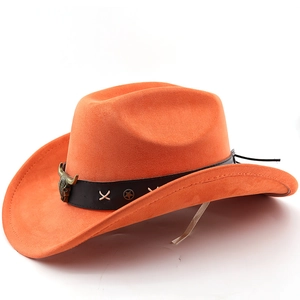 Detail of orange suede cowboy hat featuring vintage bull head metal buckle and black leather band