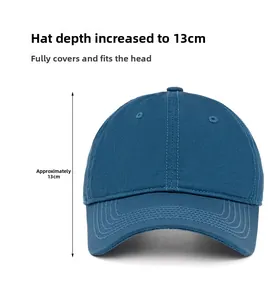 Detail view of the navy cotton baseball cap with a 13cm deep crown for a perfect fit