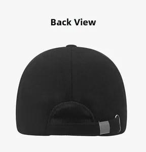 Back view of black winter baseball cap with adjustable metal buckle and warm fabric texture