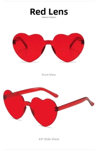 Detail view of heart-shaped sunglasses in translucent red resin with front and side angles