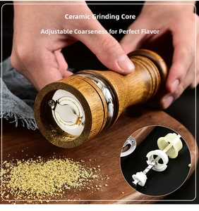 Detail of oak wood pepper mill featuring a ceramic grinding core and adjustable coarseness