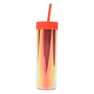 Detail of 16oz double-wall plastic tumbler with vibrant red and yellow gradient finish