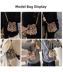 Multiple views of fuzzy leopard bucket bags with pearl drawstrings on models