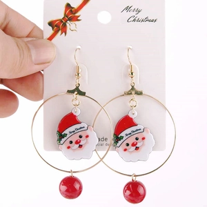 Christmas Santa Claus hoop earrings with red beads and golden alloy festive pendant