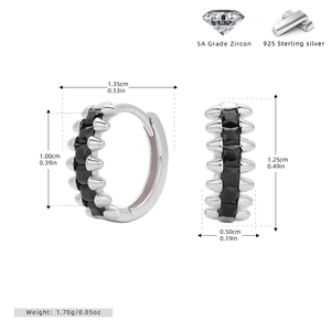 Macro detail of S925 silver hoop earrings with black zircon pavé and exact dimensions