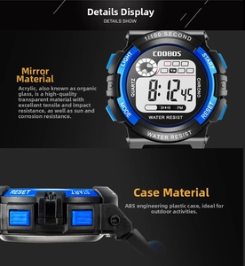 Detail view of COOBOS sports watch featuring ABS case and shockproof acrylic lens display