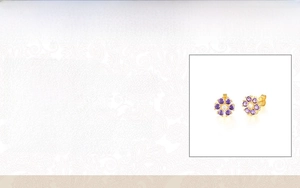 Detailed size and material specs for purple six-petal flower stud earrings with 18k gold plating