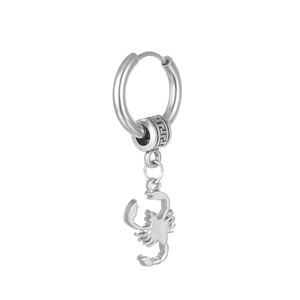 Detail of silver stainless steel hoop earring with a polished scorpion charm