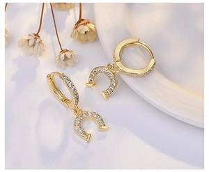 Detailed close-up of golden horseshoe drop earrings with white crystals on ceramic tray