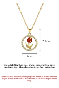 Detailed view of luxury tulip pendant with red enamel inlay and cubic zirconia micro-inlay