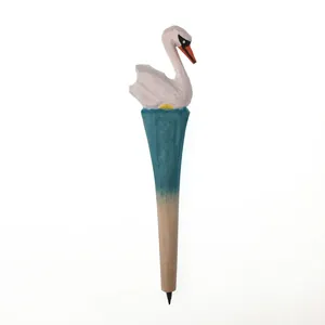 Handcrafted wooden swan ballpoint pen featuring a hand-carved white swan and blue gradient body