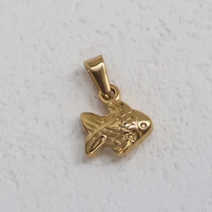 Detailed view of a 24K gold plated fish-shaped stainless steel pendant with scale texture