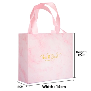 Pink marble gift box with gold lettering and ribbon handles, dimensions 14x12x5cm