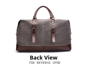 Rear view of large canvas travel bag in dark grey with brown leather trim and metal hooks