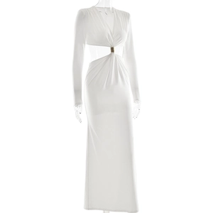 Detail of white deep V-neck dress featuring cut-out waist and golden metal ring connector
