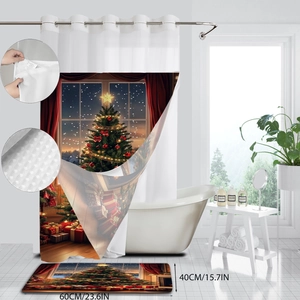 Detailed view of Christmas shower curtain and non-slip bath mat with fabric texture