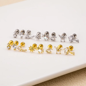 Stainless steel screw back stud earrings with heart butterfly zircon in gold and silver