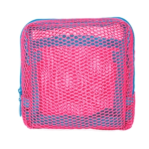 Compact square mesh toy bag in vibrant rose red and bright blue with zipper closure