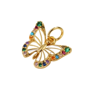 Exquisite gold-plated butterfly pendant with colorful crystals and white enamel inlay