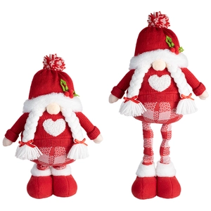 Set of two plush Christmas gnomes with red knitted hats and white heart decorations