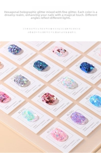 Close-up of mixed hexagonal nail glitters and fine sequins in various iridescent colors