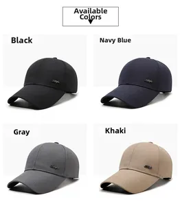 Detailed grid view of baseball caps in black, navy, grey, and khaki with metal accents