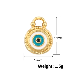 Detailed view of 12x16mm golden evil eye charm with blue enamel for DIY jewelry making