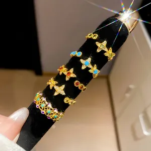 18K Gold Plated Copper Open Ring Adjustable Star Four Petal Flower Zircon Inlaid Retro Palace Style Elegant For Women