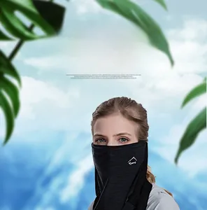 Detail of black ice silk sun protection mask with ear loops and Sport logo for outdoors