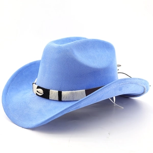 Sky blue felt cowboy hat detail with white shell inlay on a black and white braided band