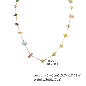 Detail shot of bohemian beaded necklace with faux amber stones and length measurements