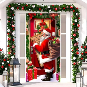 Outdoor Christmas door banner featuring Santa Claus with gift bag on red background