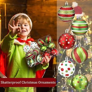 Detail of shatterproof Christmas ornaments set featuring festive red and green patterns