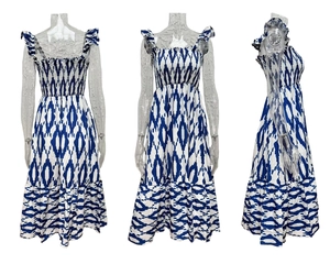 Detailed views of summer dress showing smocked chest and blue tie-dye geometric patterns