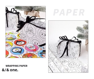 Detail of DIY Christmas kraft wrapping paper with Santa patterns and black ribbon bow