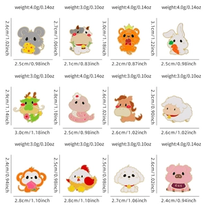Collection of 12 cute cartoon Chinese zodiac enamel pins with size and weight details