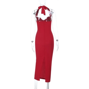 Sexy backless halter neck red maxi dress with bow tie detail and slim fit cut