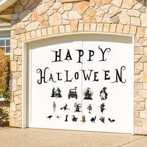 Happy Halloween magnetic garage door decoration with gnomes, skeletons, and pumpkins