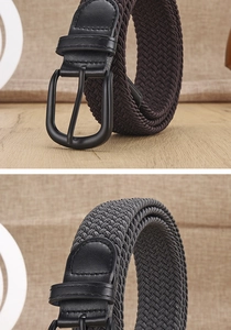 Detailed weave of dark brown and grey elastic belts with leather and metal buckles