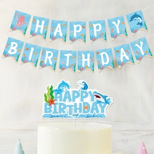 Ocean theme birthday banner and shark cake topper set for sea party decorations
