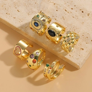 Adjustable Copper Open Ring 14K Gold Plated Colorful Cubic Zirconia Vintage Bohemian Retro Style Fashion Jewelry Gift For Women