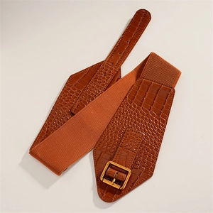 Brown crocodile pattern elastic waist belt with a golden square metal buckle for women