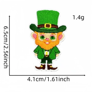 Detail showing St. Patrick's Leprechaun embroidery patch with size 6.5x4.1cm markers