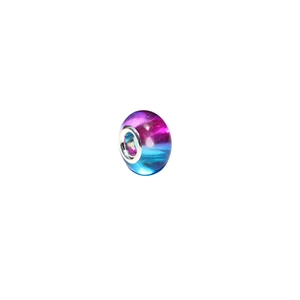 Macro shot of rainbow resin acrylic bead with silver metal core and purple blue gradient