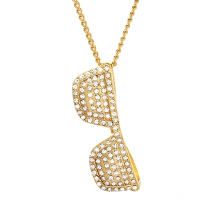 Polished gold chain necklace with a iced-out sunglasses pendant paved in sparkling crystals
